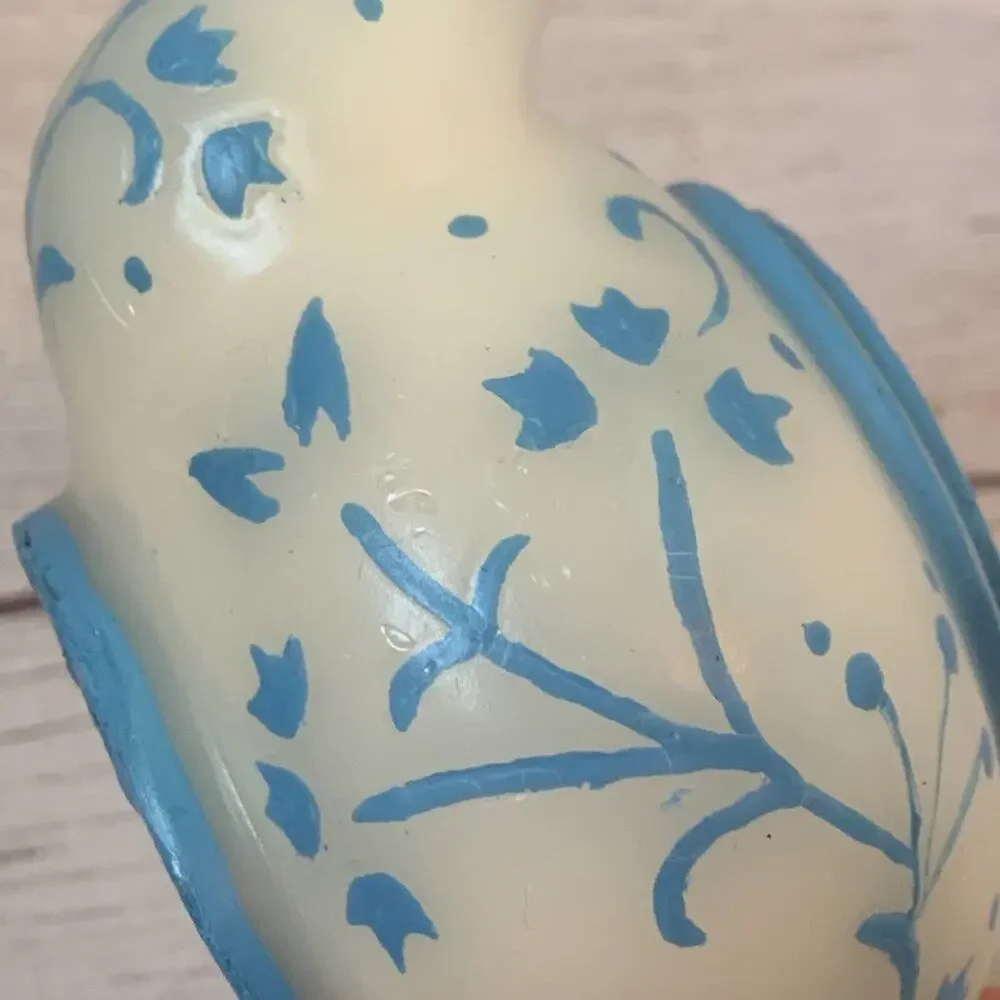 Teapot Shaped Candle White with Blue Floral Design Unlit 2 1/2